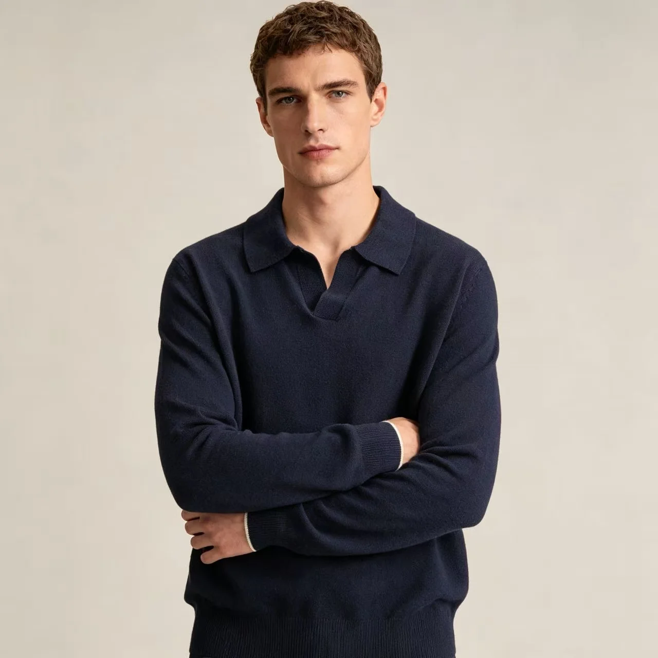 Silk and Wool-Blend Long-Sleeve Polo Sweater D25022359 — view 3