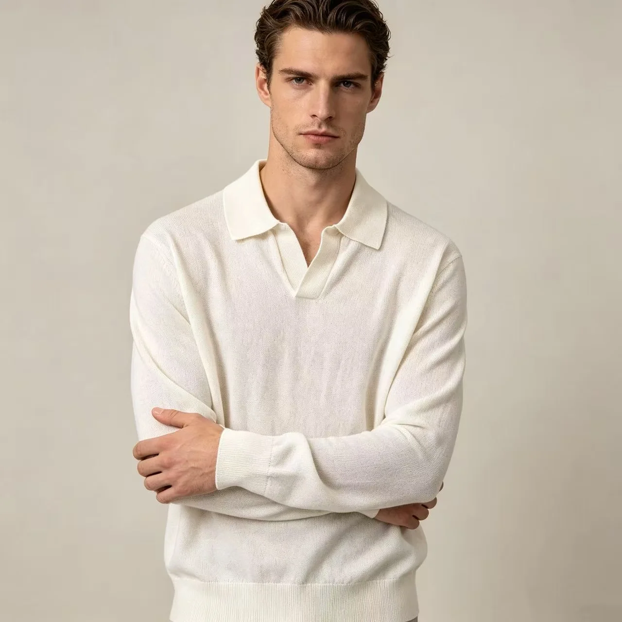 Silk and Wool-Blend Long-Sleeve Polo Sweater D25022359 — view 4