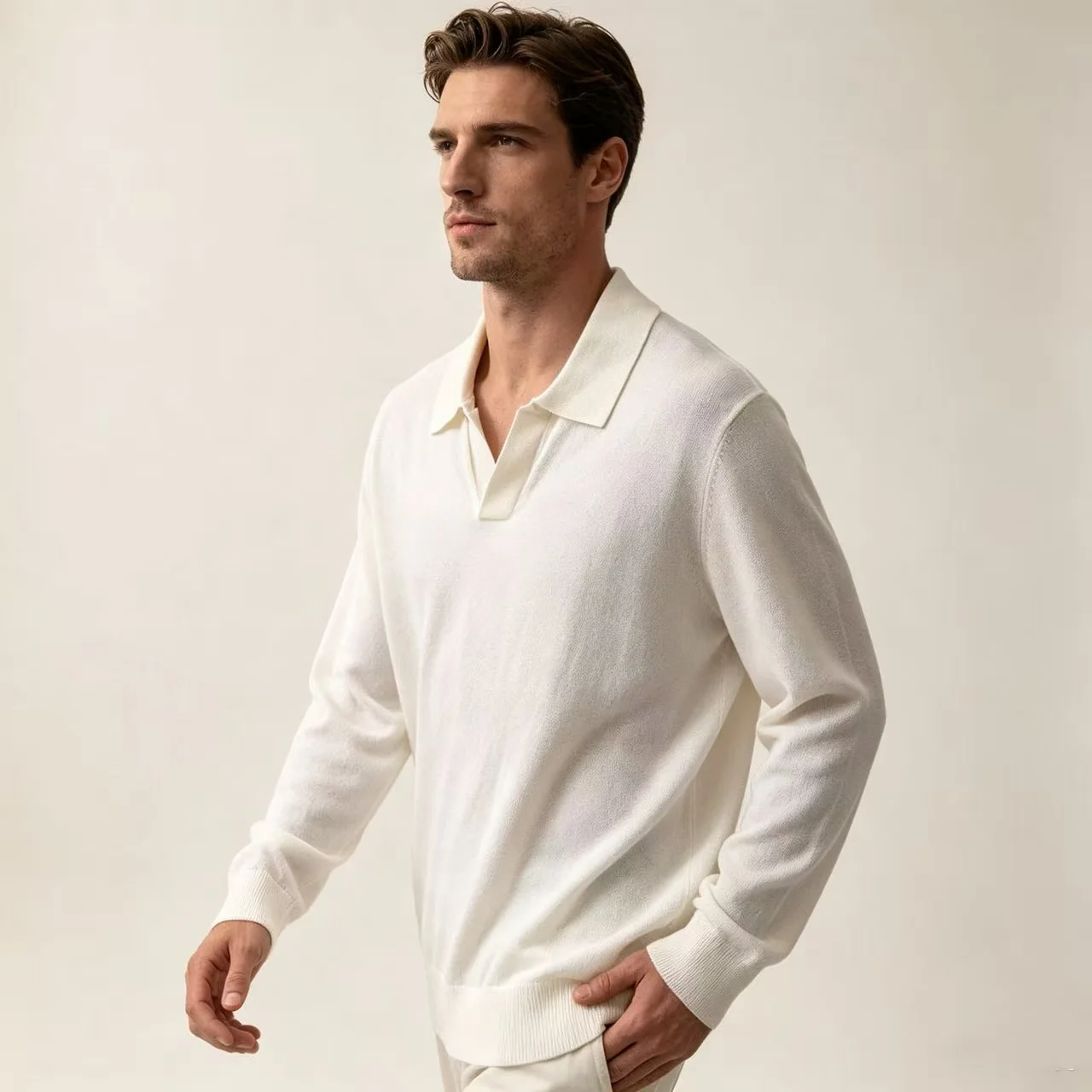 Silk and Wool-Blend Long-Sleeve Polo Sweater D25022359 — view 5