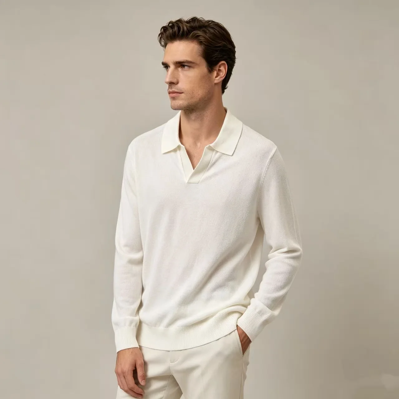 Silk and Wool-Blend Long-Sleeve Polo Sweater D25022359 — view 7