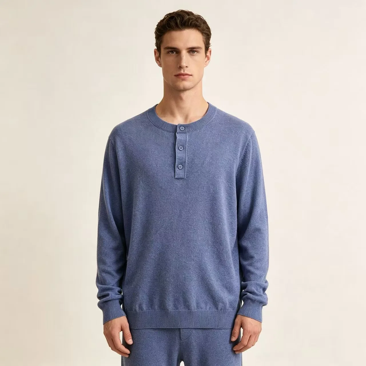 Marl-Effect Henley Neck Knit Sweater D25022356