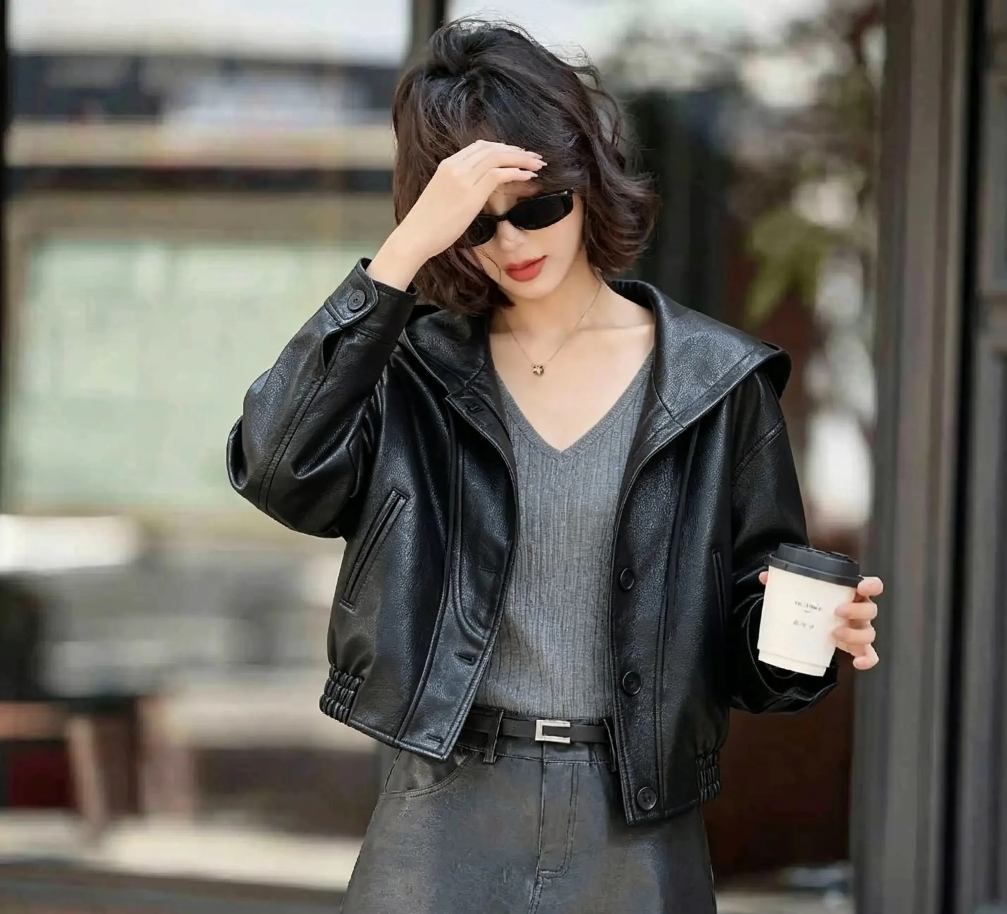 Faux Leather Biker Jacket with Elasticated Waist D25022474