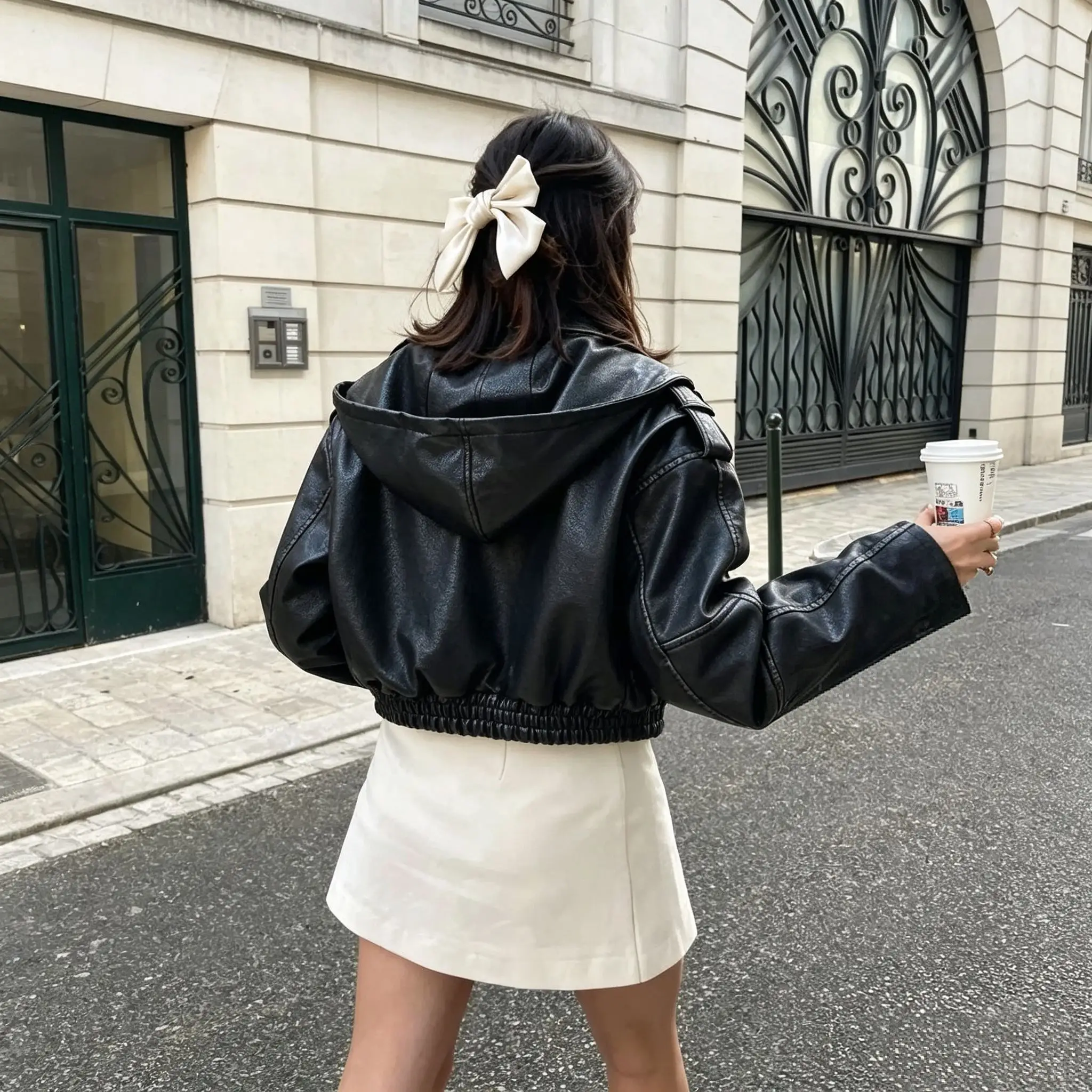 Faux Leather Biker Jacket with Elasticated Waist D25022474 — view 3