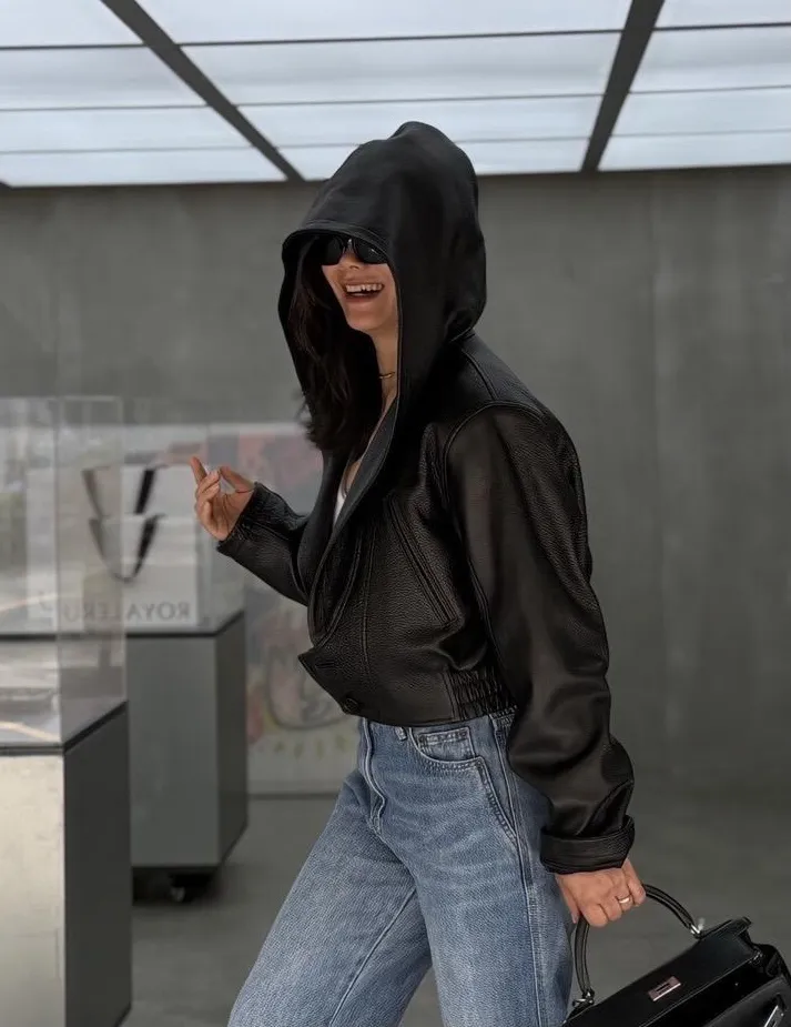 Faux Leather Biker Jacket with Elasticated Waist D25022474 — view 6