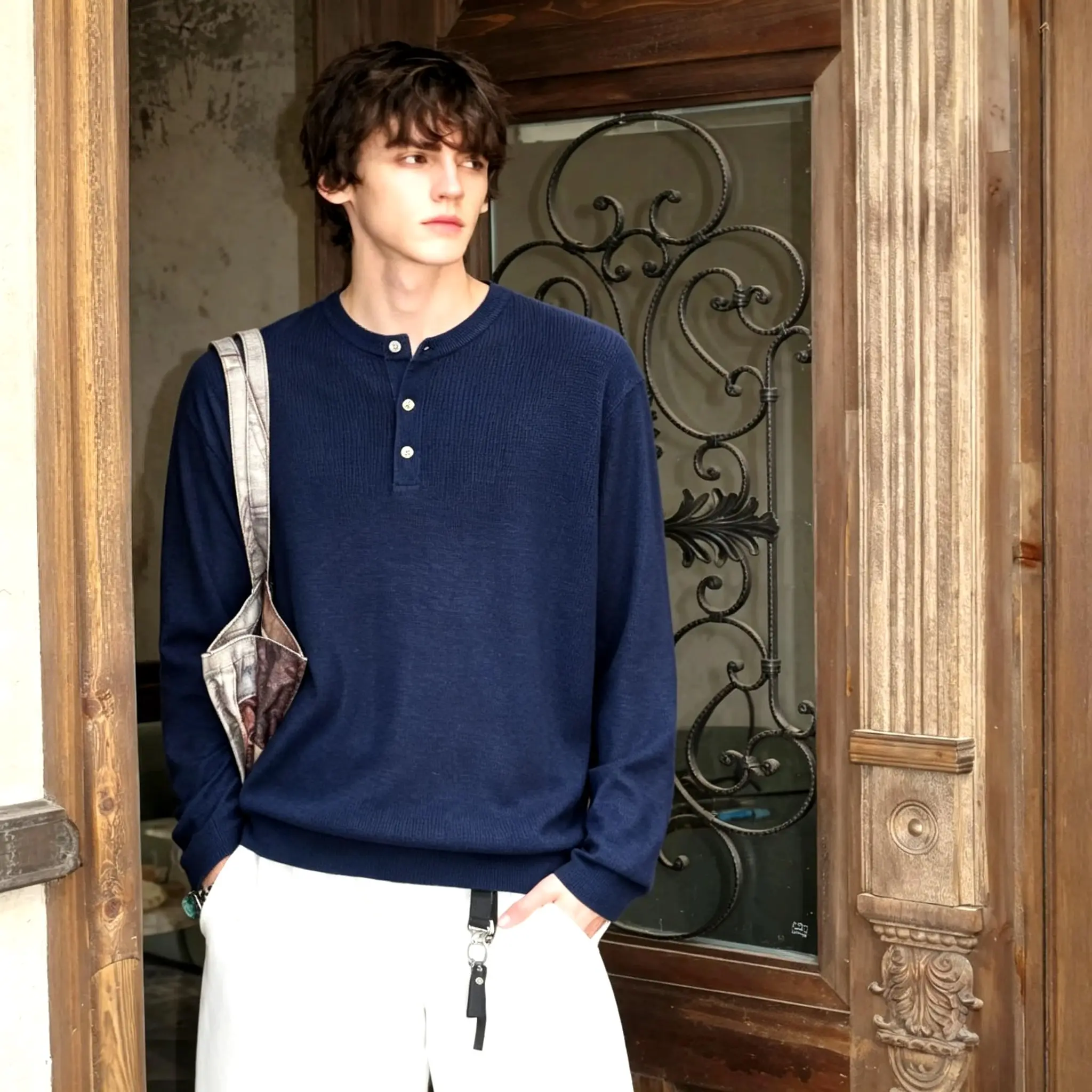 Marl-Knit Henley Neck Sweater D26022403