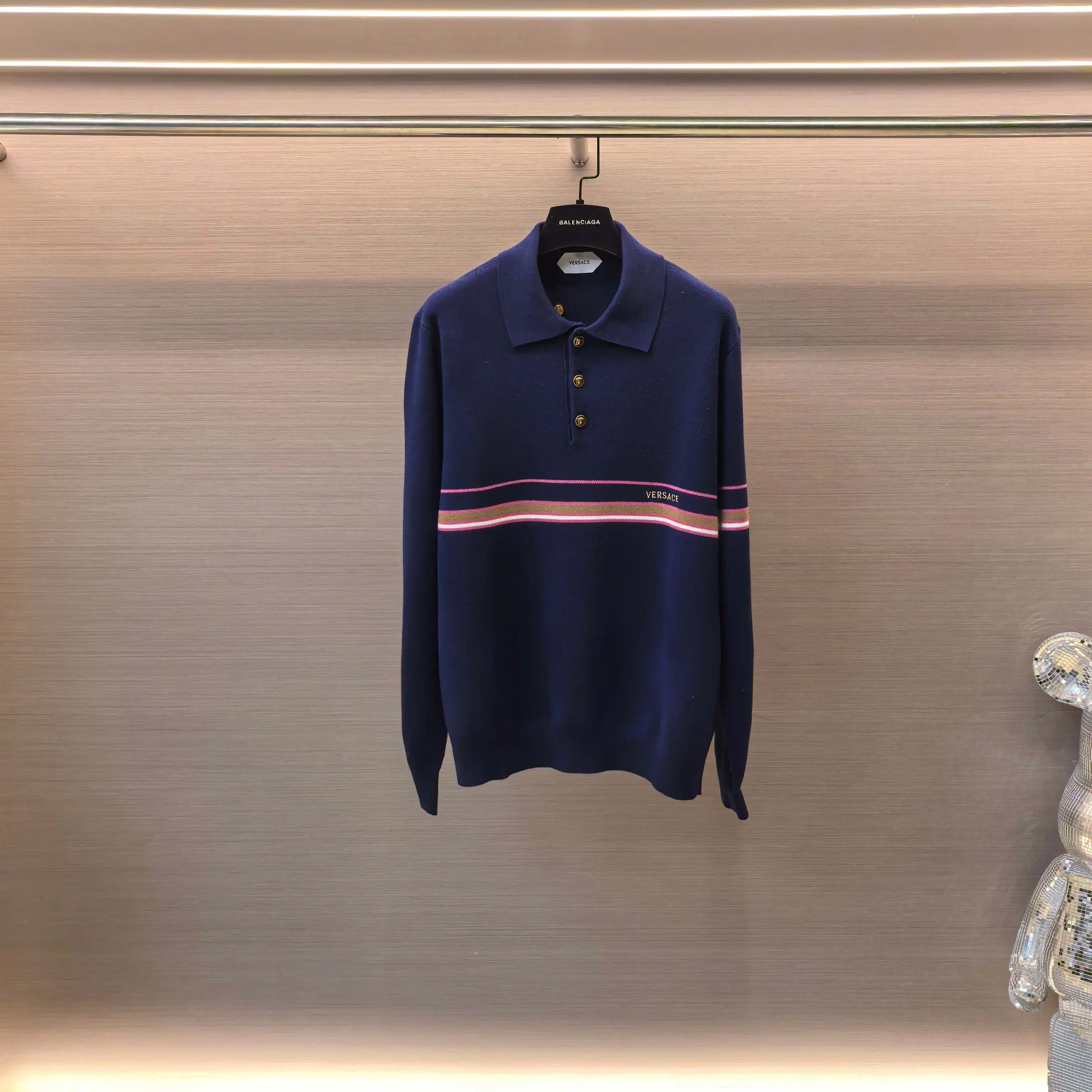 Striped Silk-Wool Blend Long-Sleeve Polo Sweater D27022419