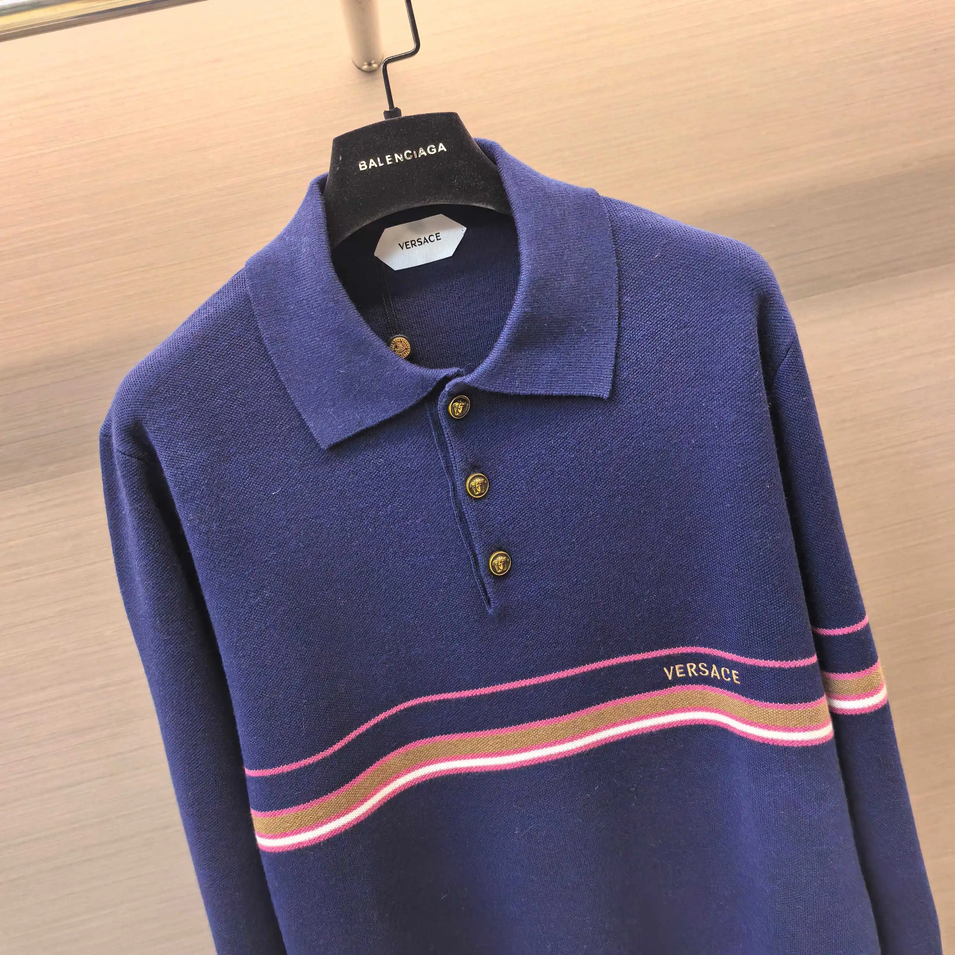 Striped Silk-Wool Blend Long-Sleeve Polo Sweater D27022419 — view 3