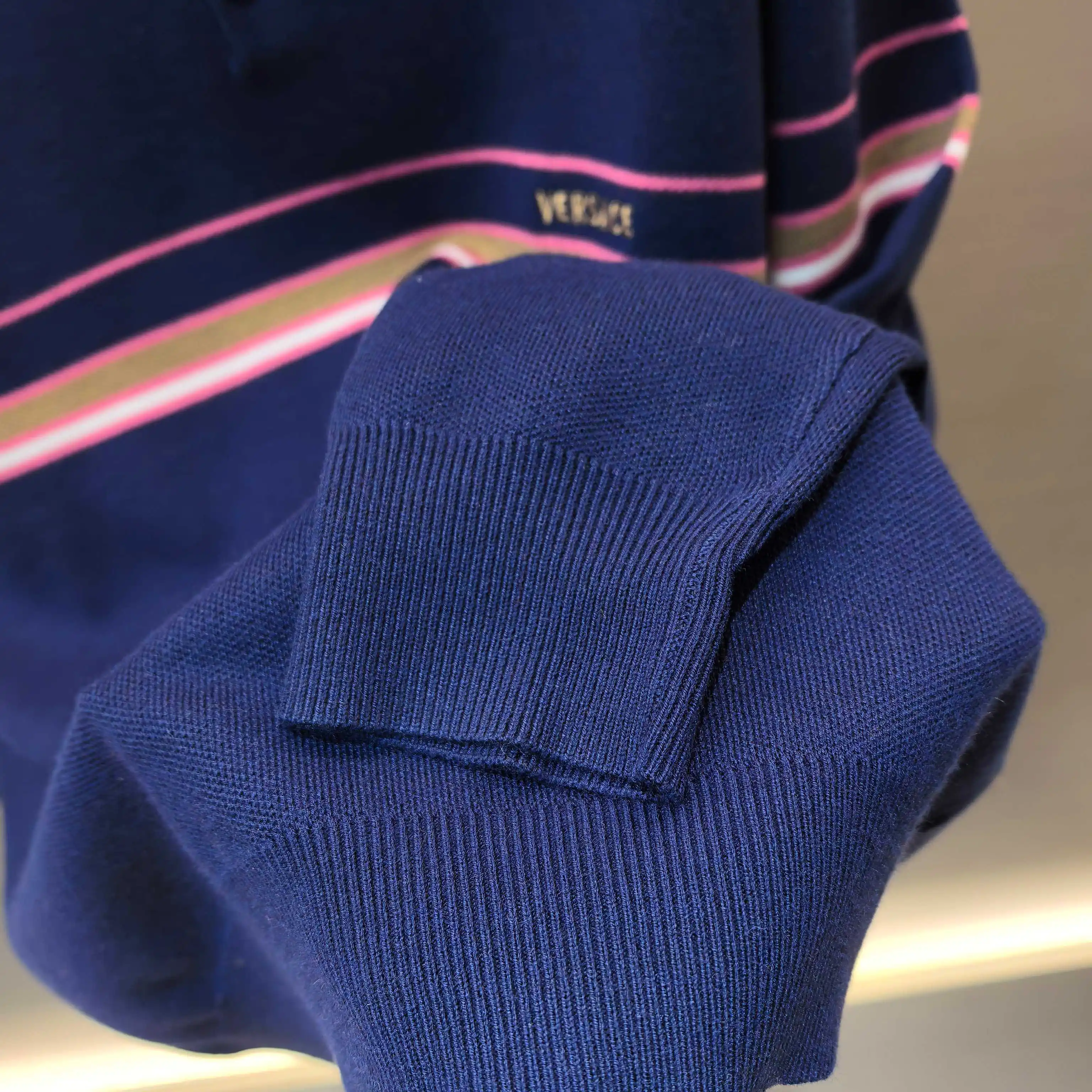 Striped Silk-Wool Blend Long-Sleeve Polo Sweater D27022419 — view 8