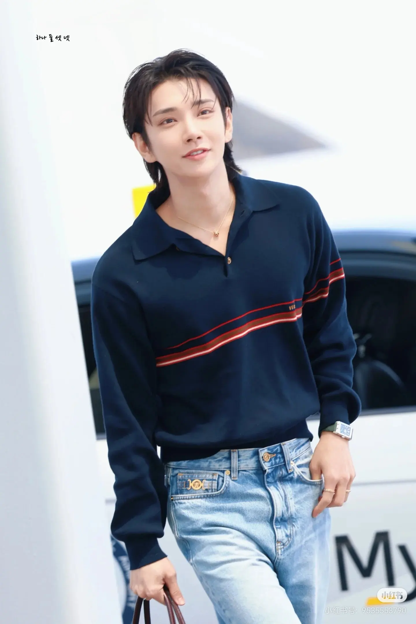 Striped Silk-Wool Blend Long-Sleeve Polo Sweater D27022418 — view 2