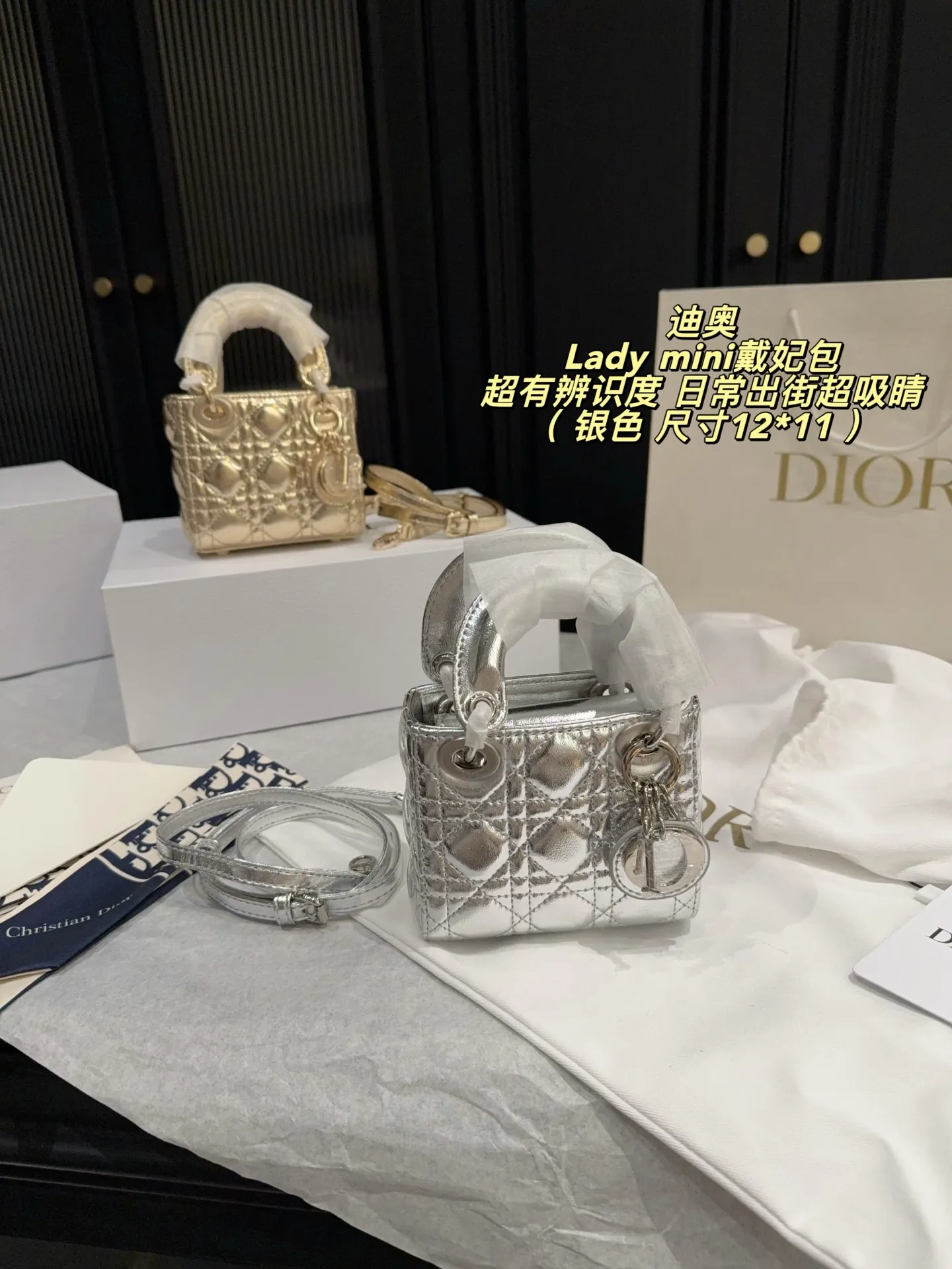 Lady Dior Mini Metallic Leather Bag D30018015 — view 12