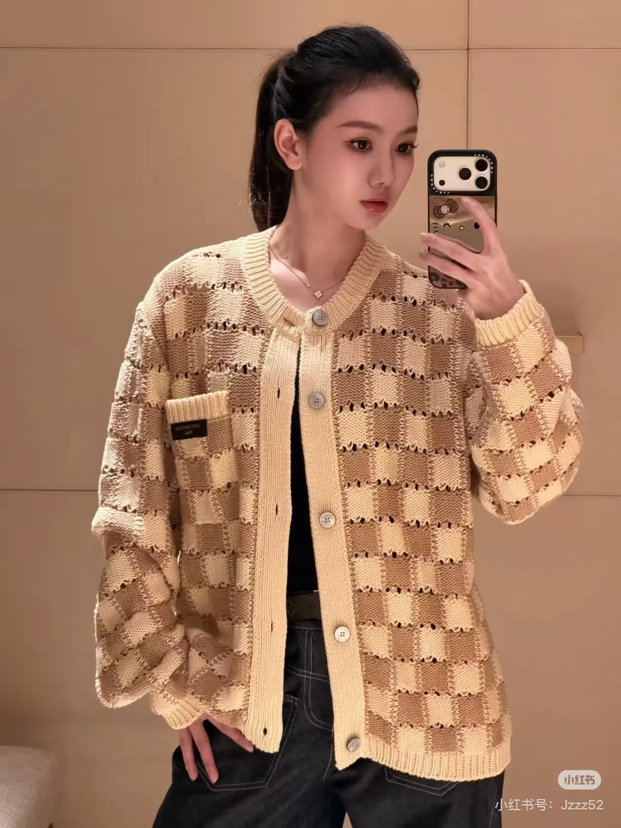 Damier Open-Knit Cotton-Blend Cardigan D31522423 — view 3