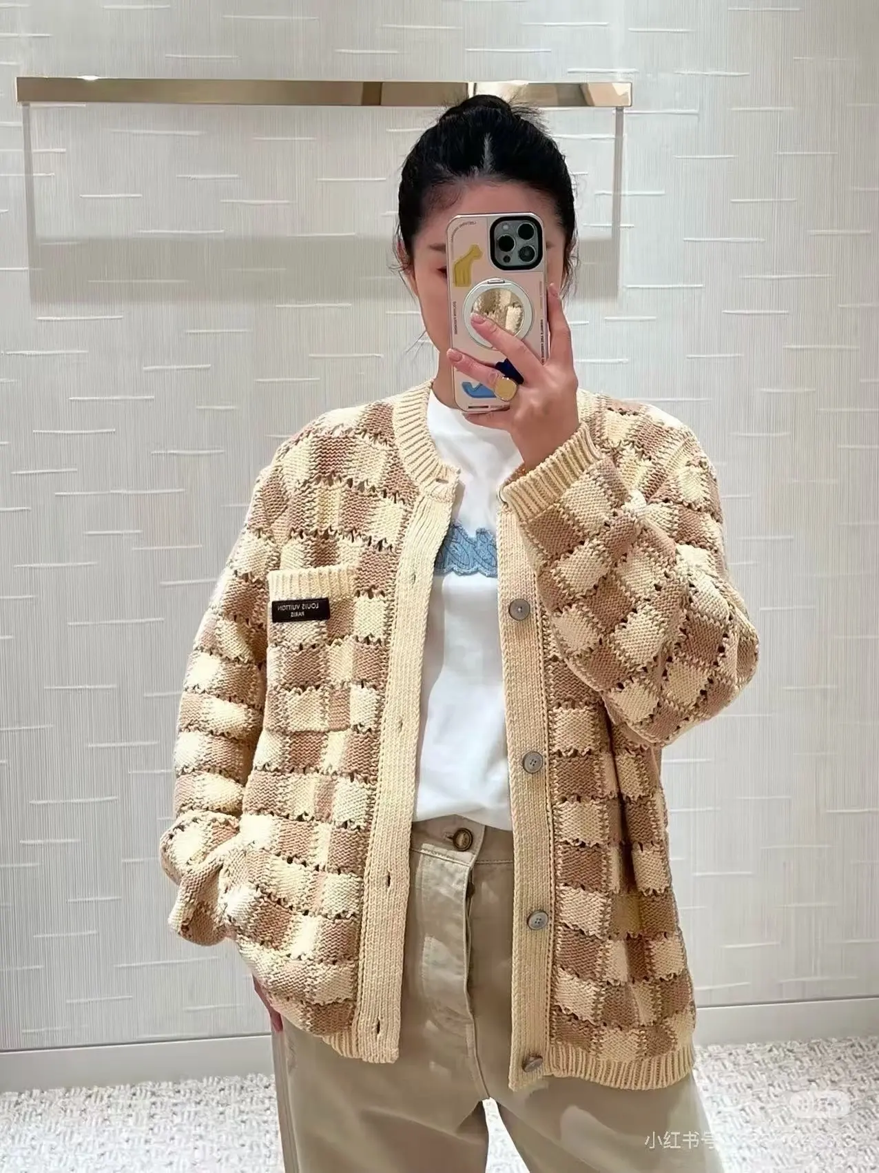 Damier Open-Knit Cotton-Blend Cardigan D31522423 — view 6