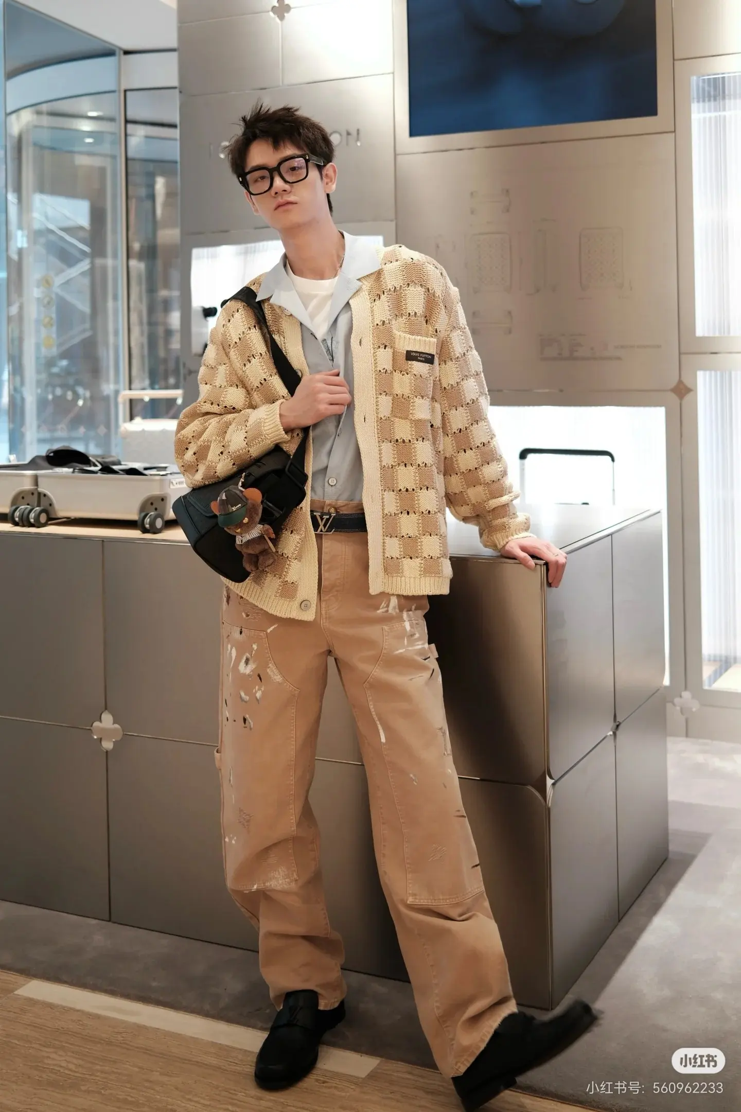 Damier Open-Knit Cotton-Blend Cardigan D31522422 — view 3