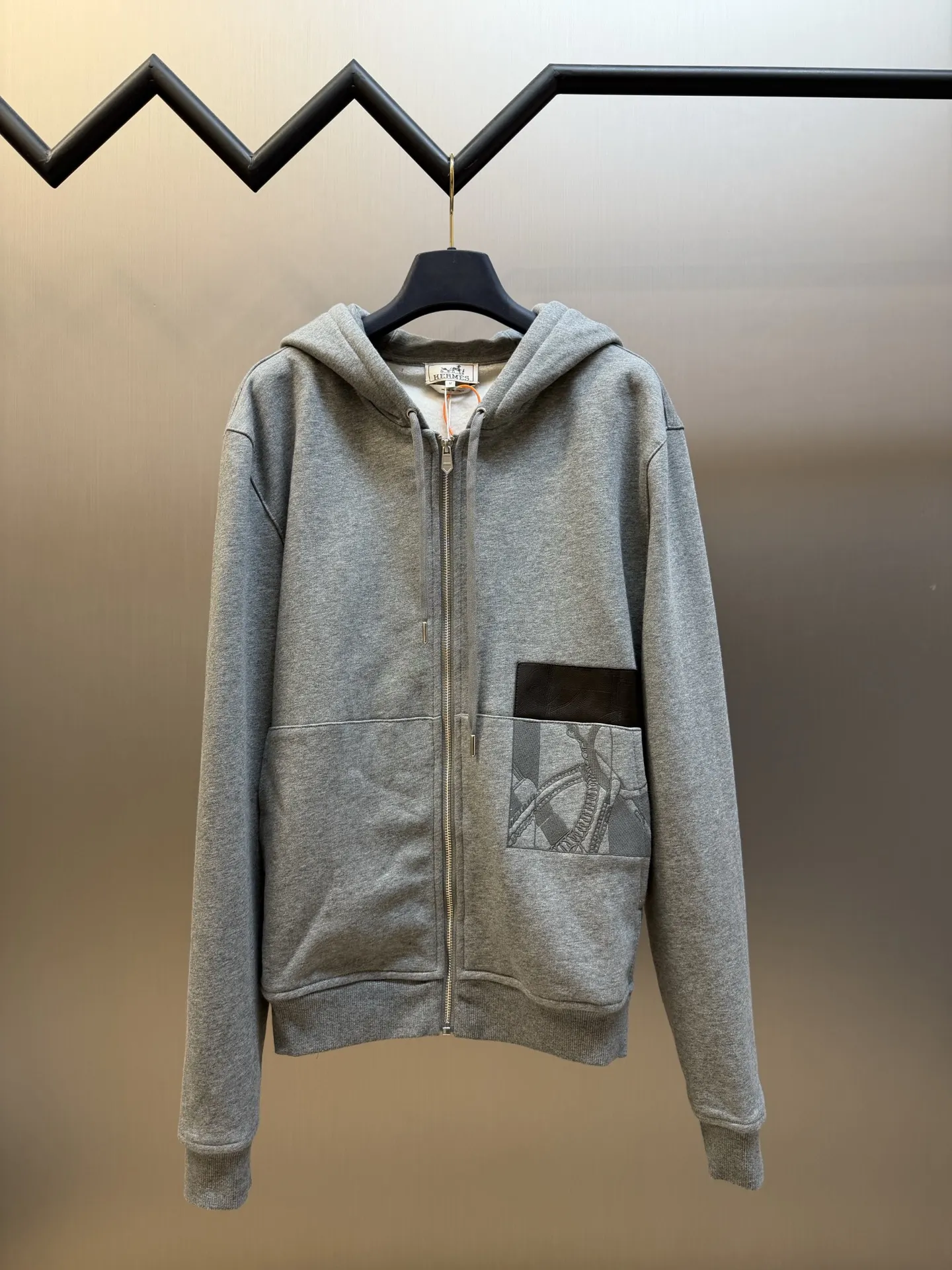 Leather-Trimmed Embroidered Zip-Up Hoodie D34519153
