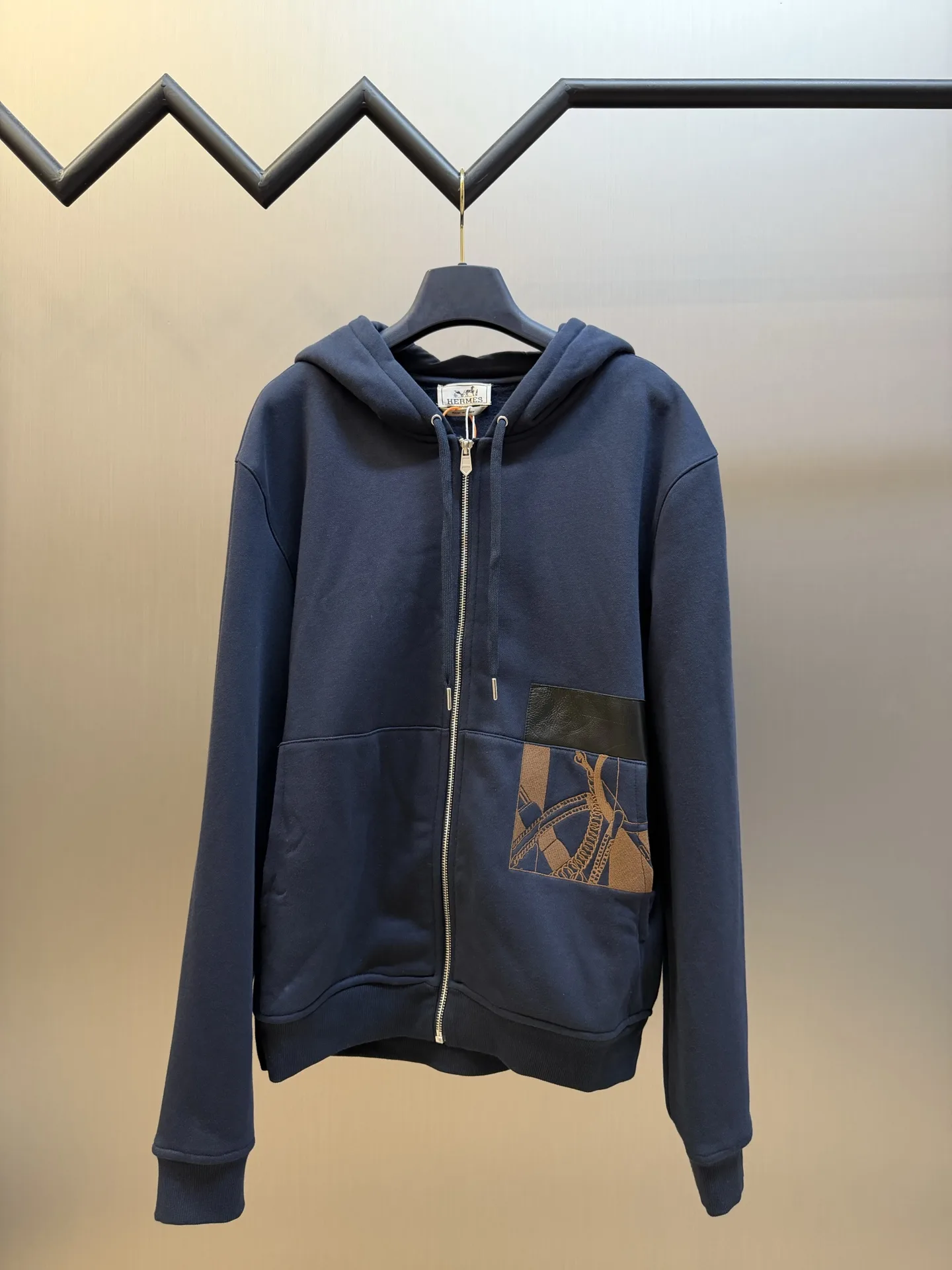 Hermès Embroidered Leather-Trim Zip-Up Hoodie D34519154
