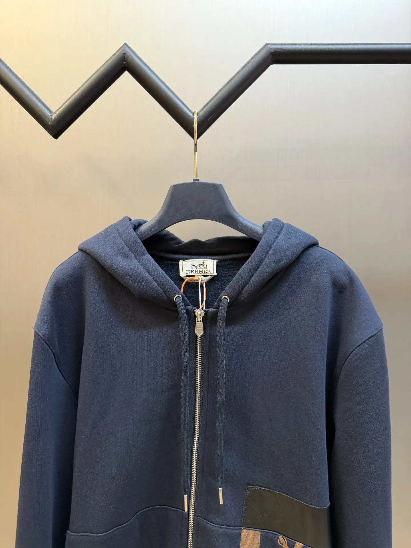Hermès Embroidered Leather-Trim Zip-Up Hoodie D34519154 — view 2