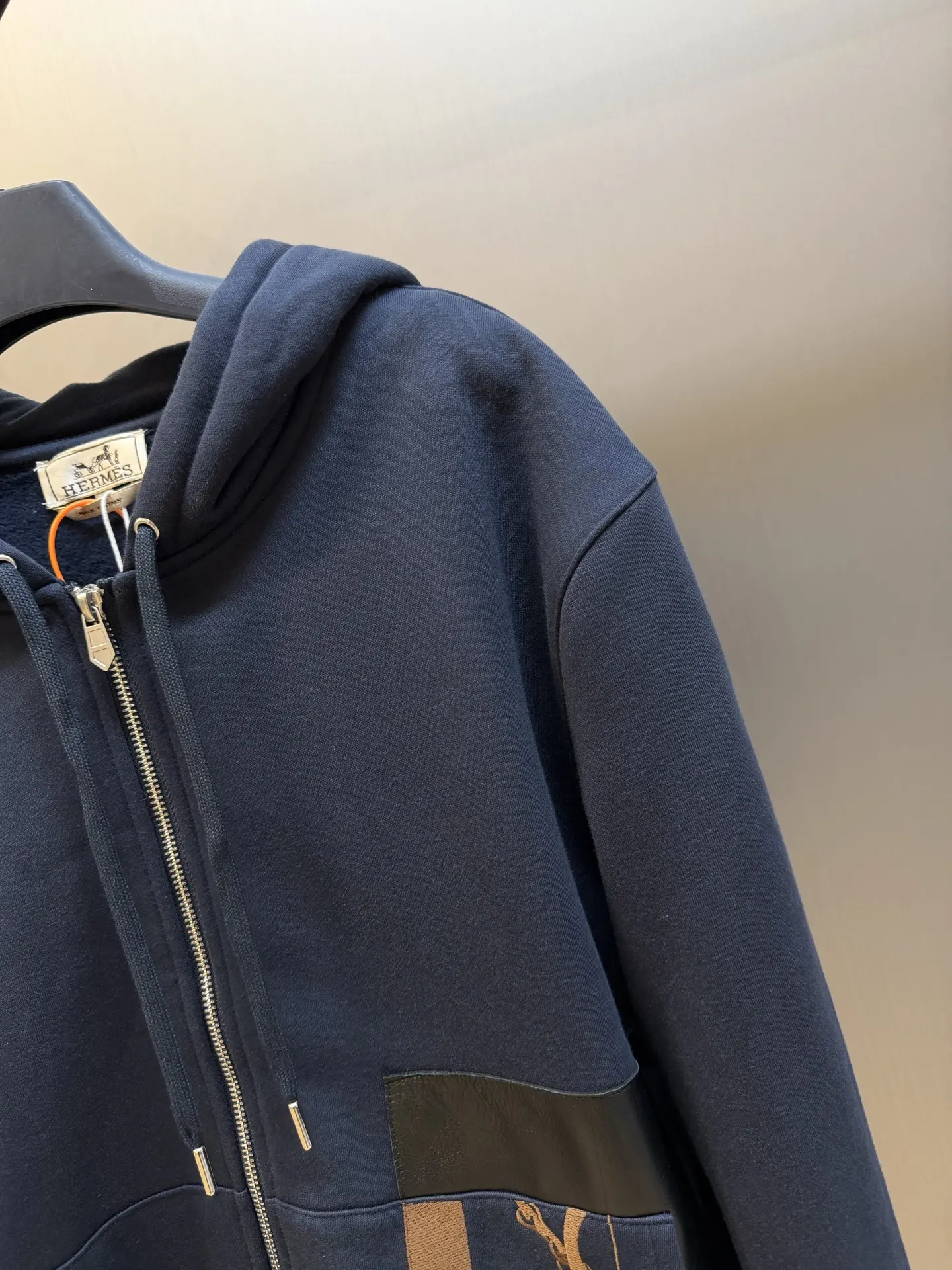 Hermès Embroidered Leather-Trim Zip-Up Hoodie D34519154 — view 3