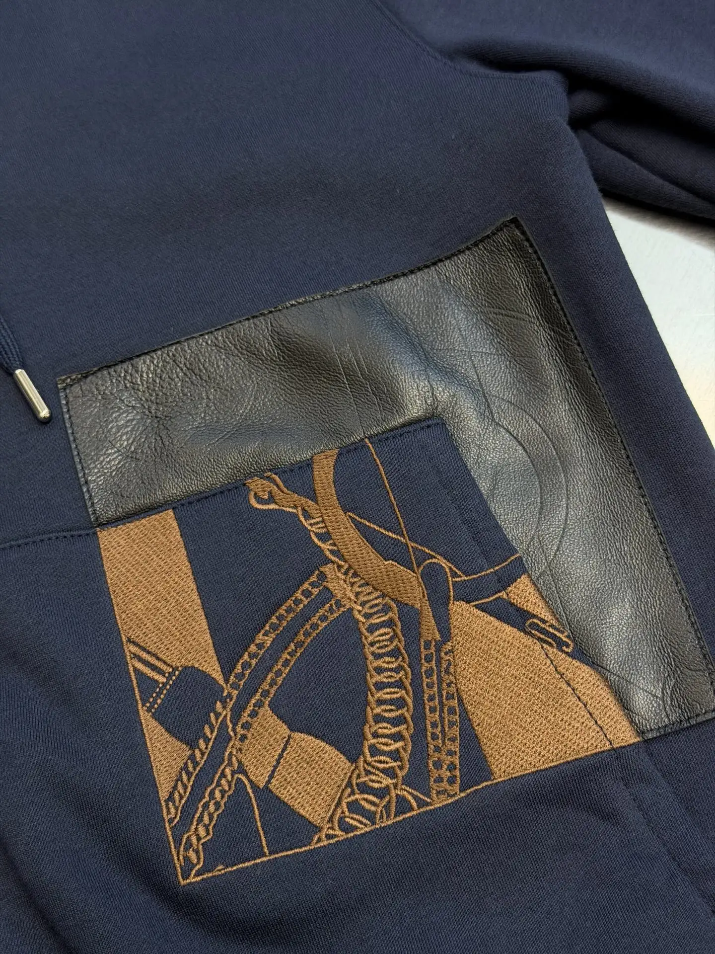 Hermès Embroidered Leather-Trim Zip-Up Hoodie D34519154 — view 7